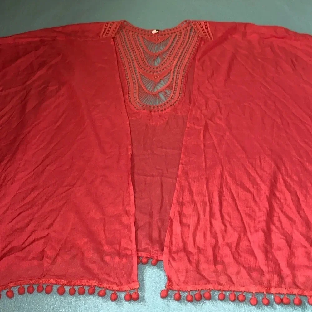 LANE BRYANT crochet & pom poms cover up kimono coral side slits NEW size OSFA
